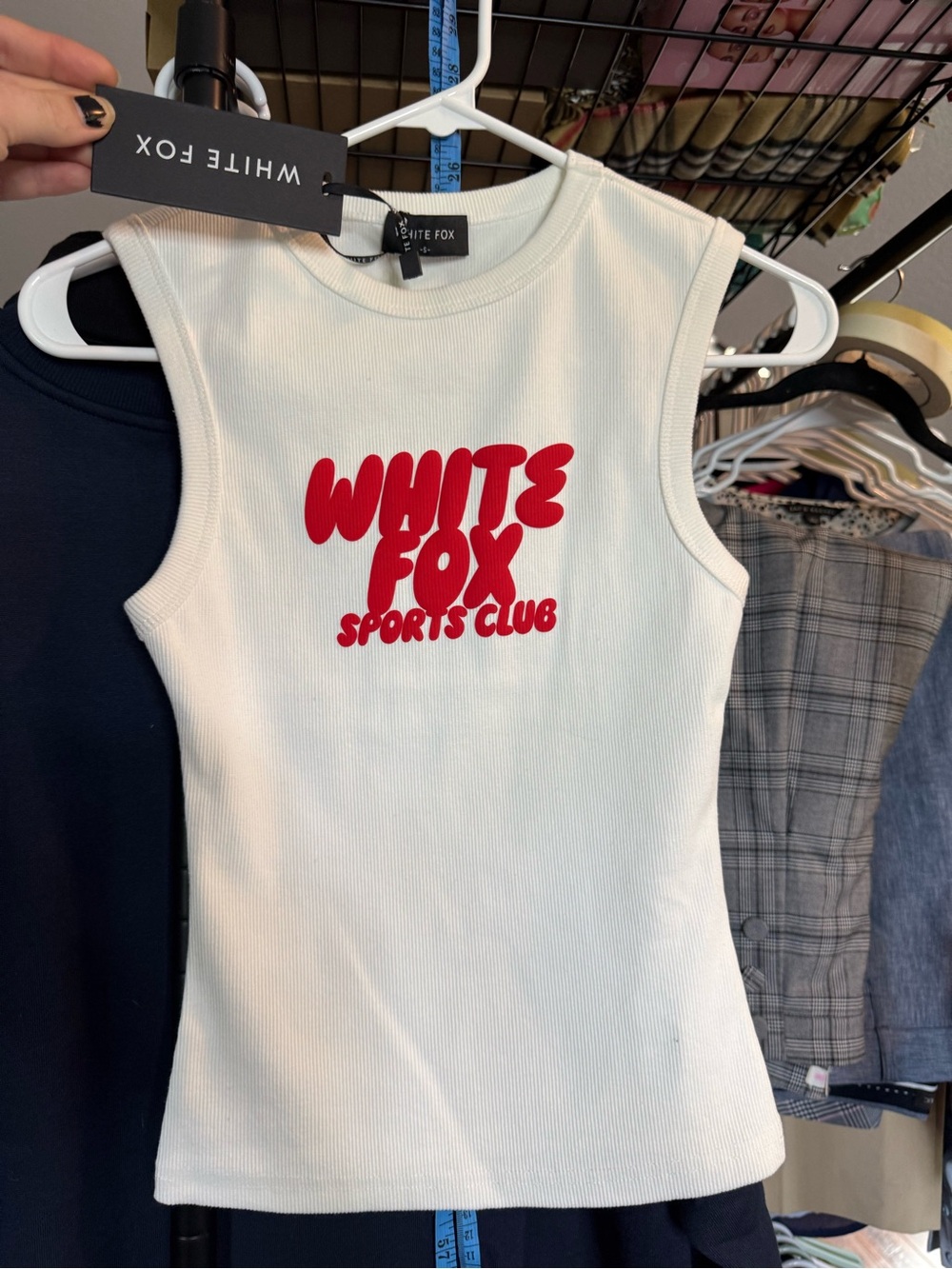 White Fox Boutique White Tank Top with Red "White Fox Sports Club" Logo